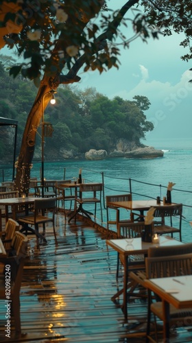 A wooden deck with tables and chairs on it