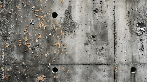 A textured concrete wall with multiple holes scattered throughout photo