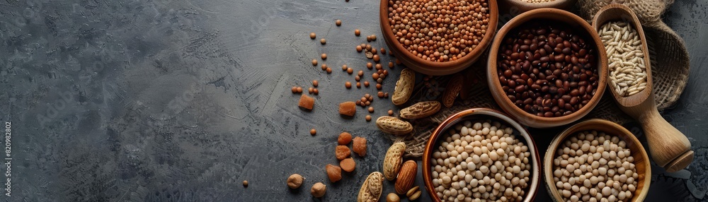 Fototapeta premium Whole grains and legumes form the foundation of a nutritious meal plan, perfect for healthconscious eaters, with a solid background and copy space on center for advertise