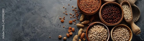 Whole grains and legumes form the foundation of a nutritious meal plan, perfect for healthconscious eaters, with a solid background and copy space on center for advertise photo
