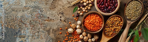 Whole grains and legumes form the foundation of a nutritious meal plan, perfect for healthconscious eaters, with a solid background and copy space on center for advertise photo