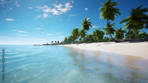 Panoramic view of beautiful tropical beach with coconut palm trees and blue sky