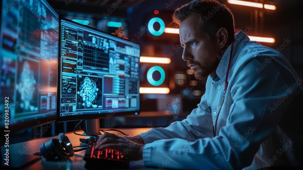 A scientist analyzing data on a computer screen to study dark matter, A scientist analyzing data on a computer screen to study dark matter,