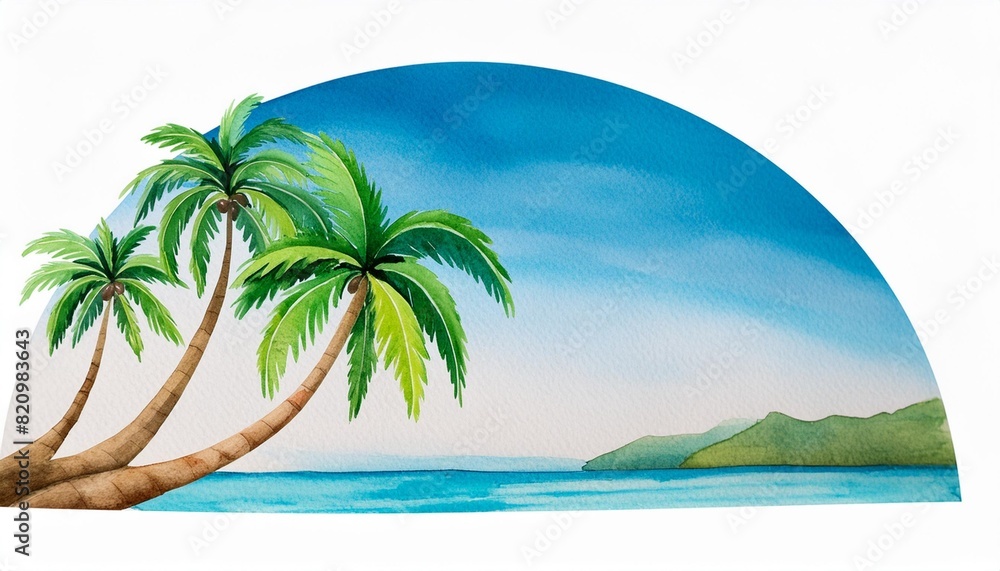holiday summer travel vacation illustration watercolor painting of palms palm tree on teh beach with ocean sea design for logo or t shirt isolated on white background
