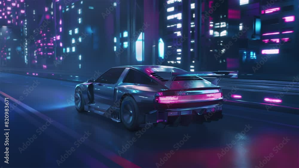 Loop car driving on the city streets at night with neon lights and in a cyberpunk style Loop car driving on the city streets at night with neon lights and in a cyberpunk style