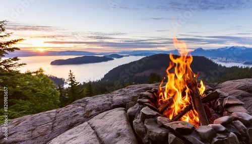 warm camp fire on top of a mountain with beautiful canadian nature landscape in background during a colorful sunset taken on bowen island near vancouver british columbia canada photo