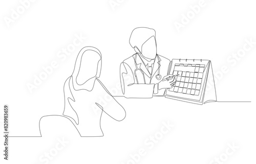 Continuous one line drawing of doctor making next appointment with patient, medical service concept, single line art.
