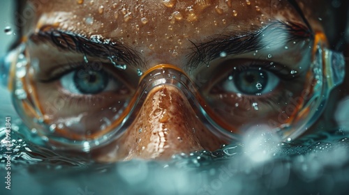 close-up portrait of a swimmer wearing goggles in the water at a championship competition or olympic games striving for the finish line photo