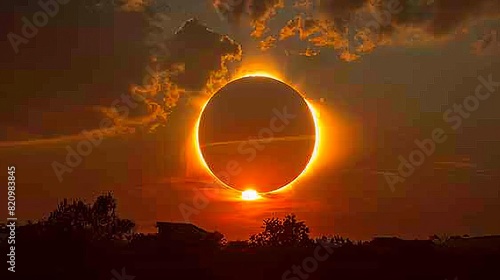 A solar eclipse creating a ring of fire, or annular eclipse, visible in the sky, photo