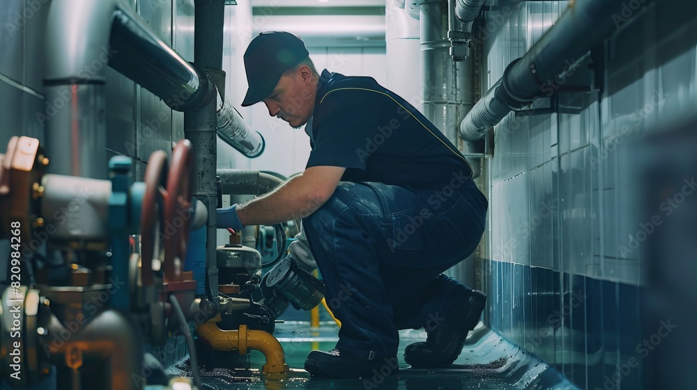 Plumber Inspecting Drains: At a commercial building, a plumber uses specialized equipment to inspect drains and clear any blockages, ensuring the plumbing system functions smoothly Plumber Inspecting Drains: At a commercial building, a plumber uses specialized equipment to inspect drains and clear any blockages, ensuring the plumbing system functions smoothly