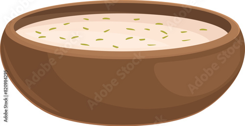 Vector graphic of a delicious creamy soup garnished with herbs in a rustic bowl