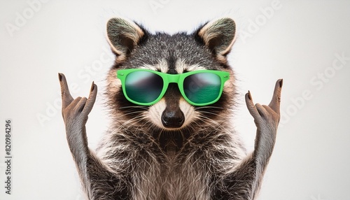 funny raccoon in green sunglasses showing a rock gesture isolated on white background