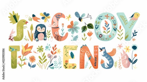 Vector alphabet set with each letter accompanied by a cute and whimsical illustration, ideal for kids' educational posters.