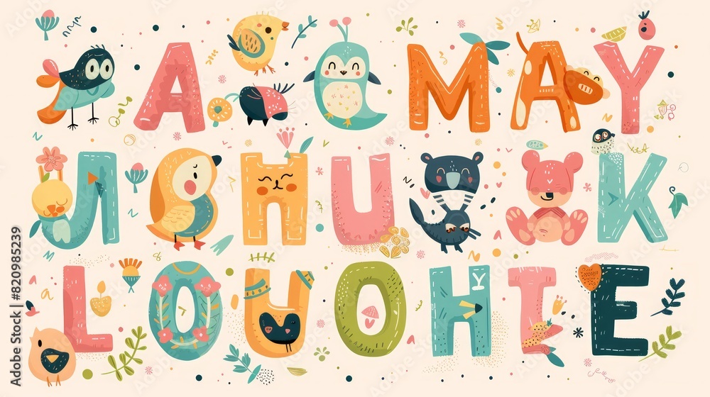 Vector alphabet set with each letter accompanied by a cute and whimsical illustration, ideal for kids' educational posters. Vector alphabet set with each letter accompanied by a cute and whimsical illustration, ideal for kids' educational posters.