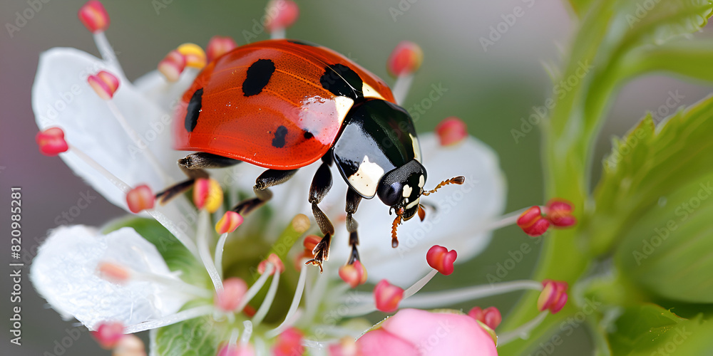 Fototapeta premium Charming ladybird on vibrant flowers 