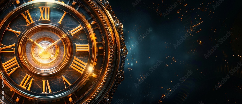 Obraz premium Close-up of an intricate, vintage clock with glowing Roman numerals against a dark, starry background. Captures the essence of time and elegance.