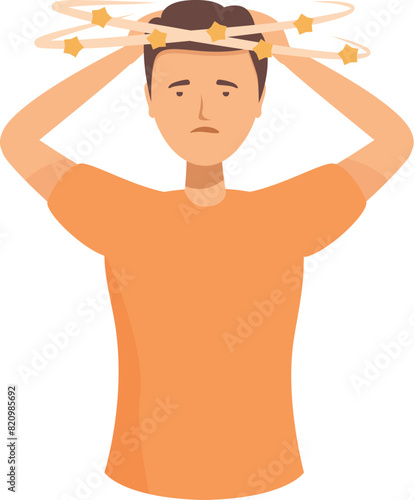 Illustration of a troubled adult male experiencing vertigo. Dizziness. And imbalance. Depicted in a simple cartoon vector graphic with a man in an orange shirt. Suffering from confusion. Nausea