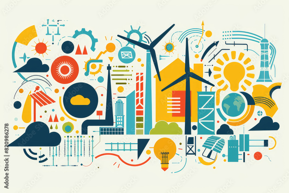 Vibrant Flat Illustration of Renewable Energy Icons: Wind Turbines ...