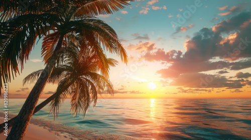 Tropical Sunset Beach Scene  Palm Trees  Sun  3D Style  Warm Summer Atmosphere