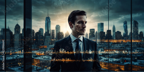 The double exposure showcases a mosaic of business interactions set against the backdrop of a thriving city office