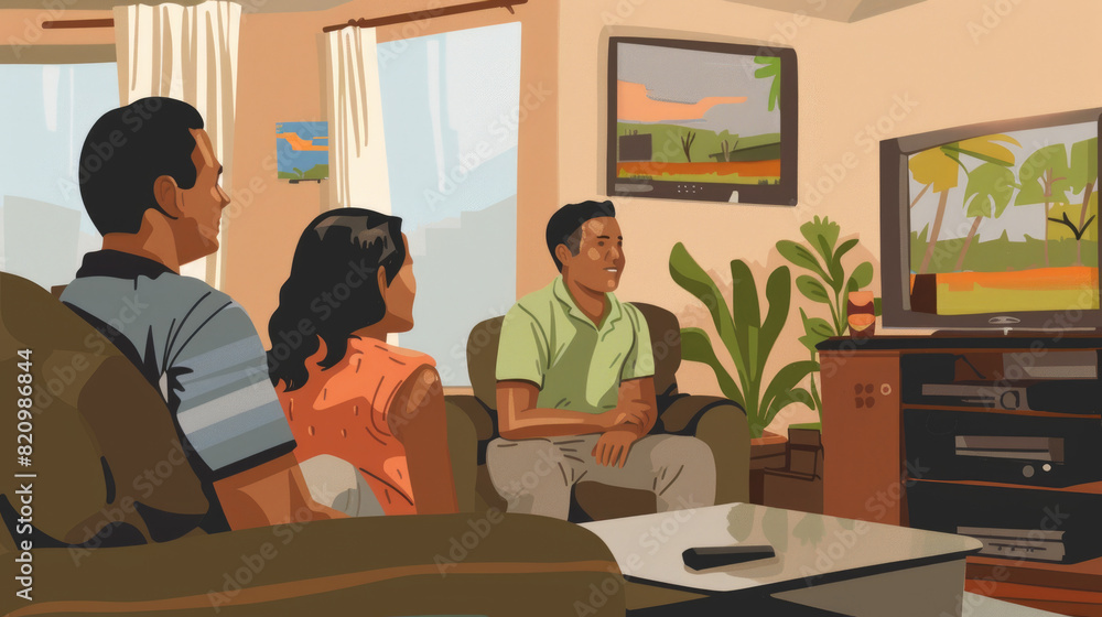 Family of three enjoys watching television in bright, warmly decorated living room with large windows and plants. They appear relaxed and happy sitting on comfortable furniture Family of three enjoys watching television in bright, warmly decorated living room with large windows and plants. They appear relaxed and happy sitting on comfortable furniture