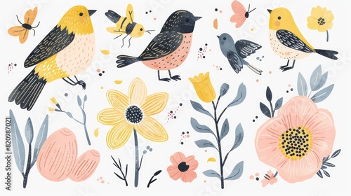 Delightful spring collection with hand-drawn bees, birds, and flowers, perfect for Easter and spring-themed projects.