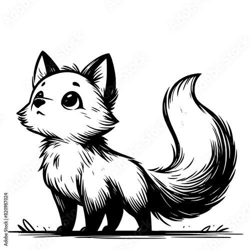 black and white cute fox, Line art fox funny, iconic cute fox, isolated on white