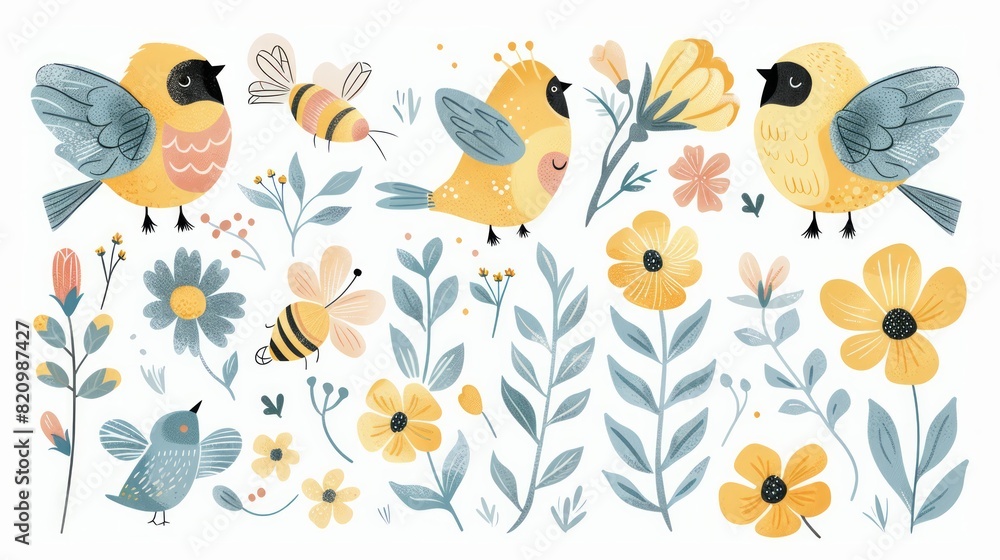 Naklejka premium Delightful spring collection with hand-drawn bees, birds, and flowers, perfect for Easter and spring-themed projects.