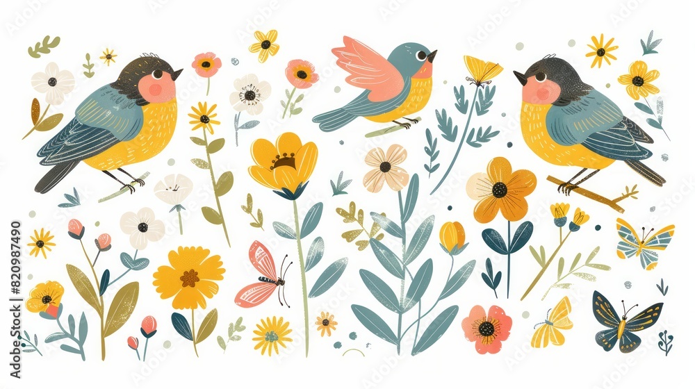 Delightful spring collection with hand-drawn bees, birds, and flowers, perfect for Easter and spring-themed projects. Delightful spring collection with hand-drawn bees, birds, and flowers, perfect for Easter and spring-themed projects.
