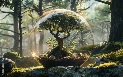 A glass dome in a forest setting with a tree sculpture inside, illuminated by natural light, copy space whimsical silhouette against a backdrop of forest mist