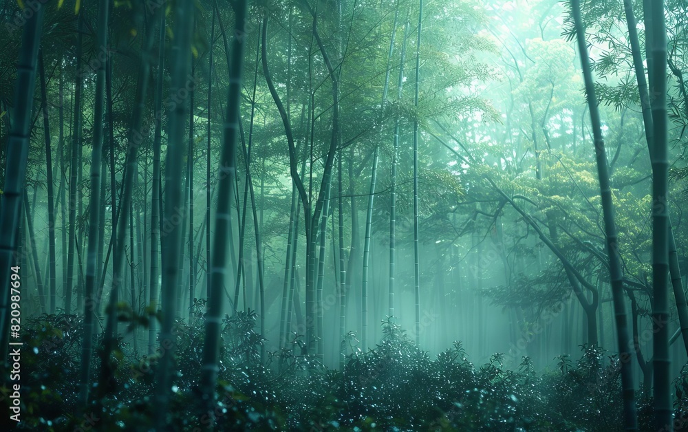 Obraz premium Arashiyama bamboo forest in the early morning with mist, dull focus and multilayer imaging techniques