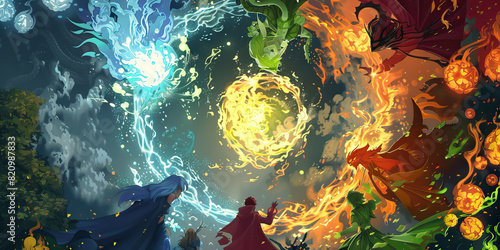 Unity of the Elements - A beautiful assemblage of distinct elemental beings forms an intricate pattern, showcasing their harmonious coexistence