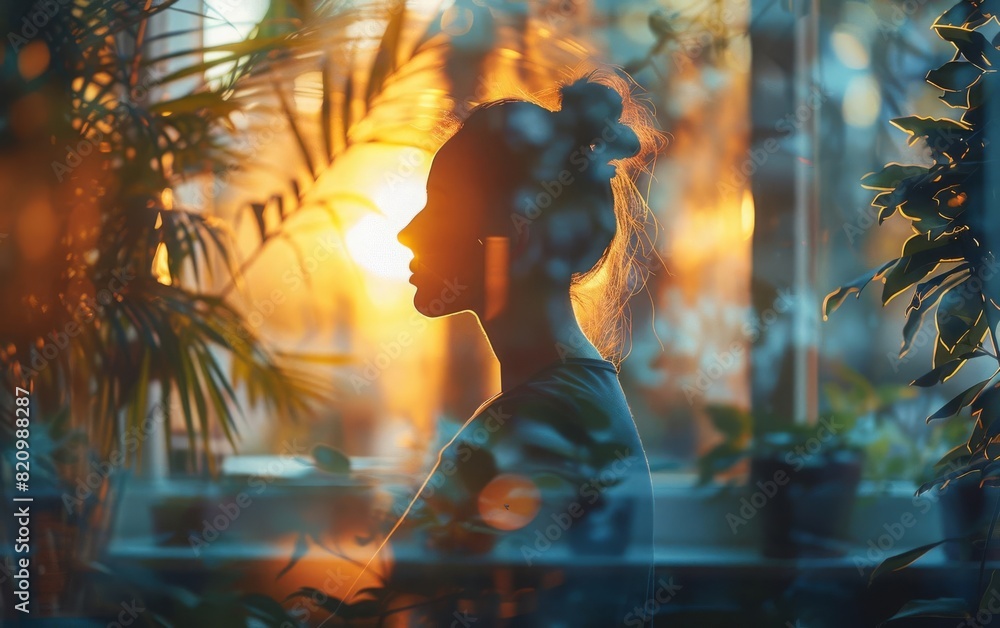 A young woman is sitting in a greenhouse, surrounded by plants A young woman is sitting in a greenhouse, surrounded by plants
