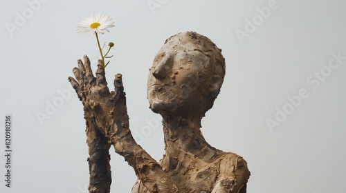 Photograph a sculpture resembling a muddy human figure with a conspicuously large hand shielding the sun and the other hand gently holding a flower, captured against a clean white backdrop photo