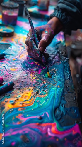 An artist's hand holds a paintbrush, poised above a canvas of vibrant, swirling colors