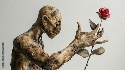 Photograph a sculpture resembling a muddy human figure with an exaggeratedly large arm and hand gracefully holding a rose  captured against a clean white backdrop to highlight its artistic