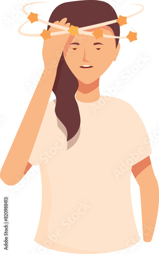 Illustration of a young adult woman feeling dizzy and unwell with symptoms of vertigo. Headache. And lightheadedness. Depicted in a simple