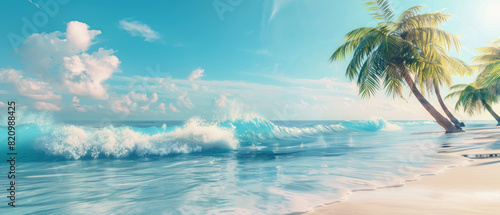 Tropical Island Palm Trees  Waves  3D Illustration