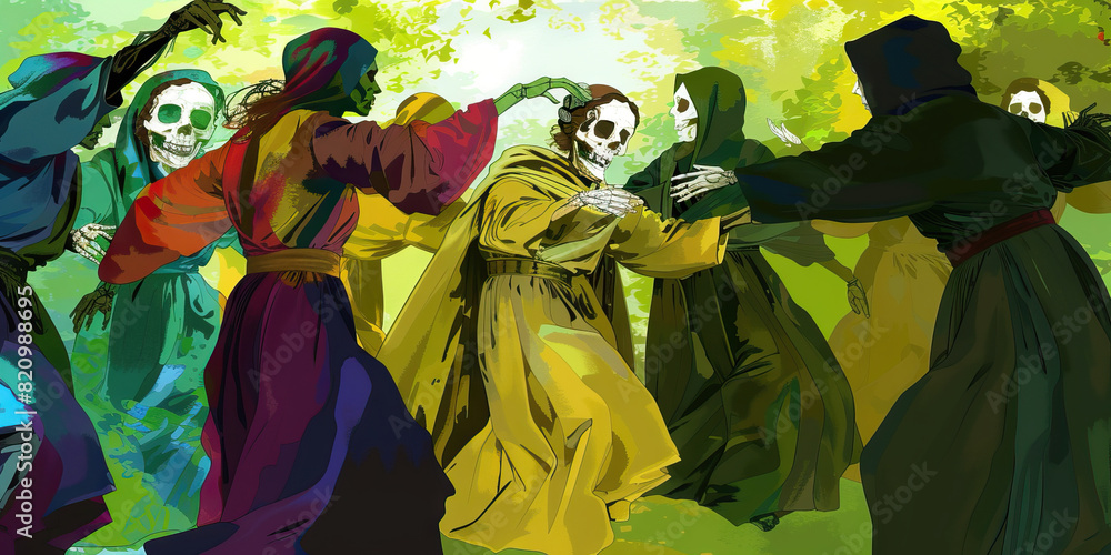 Fototapeta premium Circling Through Life and Eternal Slumber - In this captivating image, a pair of figures, one adorned in vivid attire and the other draped in a somber shroud