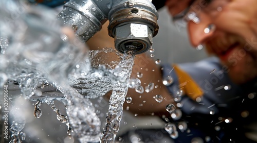 Plumber Fixing a Leak: In a residential home, a plumber identifies the source of a water leak and expertly repairs the damaged pipe to prevent further issues  photo