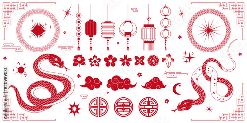 Set of decorative ornaments in Chinese style pattern, flower, lantern, cloud, snake, isolated on white background. Chinese New Year 2025. Vector illustration in red color for cards, prints, posters.