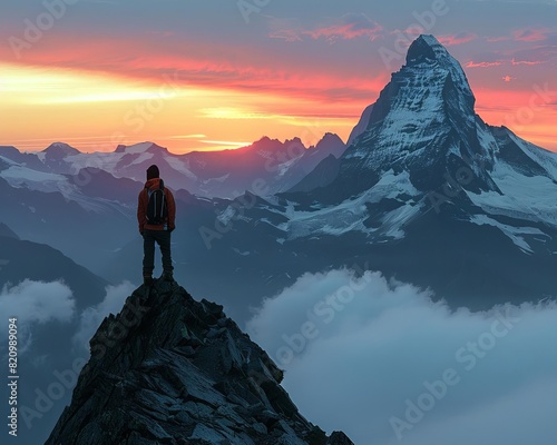 A mountain climber stands on a summit and looks out at the view