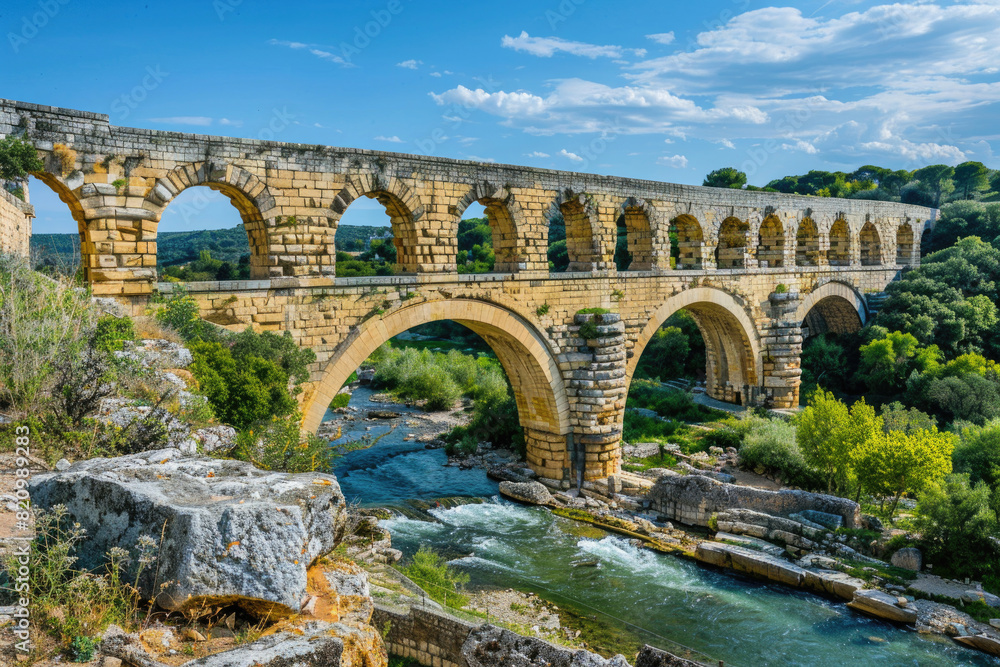 The ancient Roman aqueduct, Pont du Gard, spanning the Gardon River in southern France