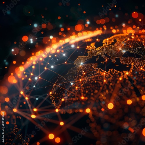 Digital globe with network connections spanning continents, close up ethereal double exposure symbolizing international telecommunication
