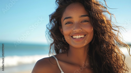 A beautiful mixed race woman is smiling and posing on the beach, wearing casual linen with her hair in loose waves as she gently touches it under a clear blue sky