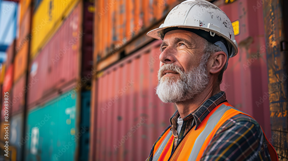 A middleaged man wearing an orange safety vest and white helmet stands in front of stacked shipping containers, looking towards the horizon with confidence as he proudily smiles at camera A middleaged man wearing an orange safety vest and white helmet stands in front of stacked shipping containers, looking towards the horizon with confidence as he proudily smiles at camera