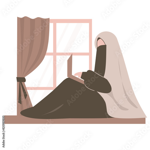 Muslim woman working on laptop Illustration 