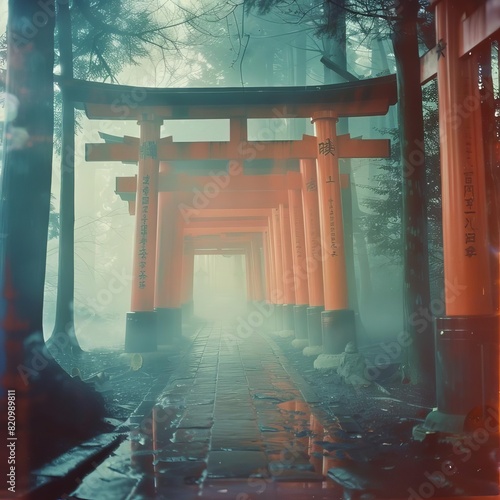 Entrance to Fushimi Shrine Inari with red torii gate, focus on ethereal perspective and composite technique photo
