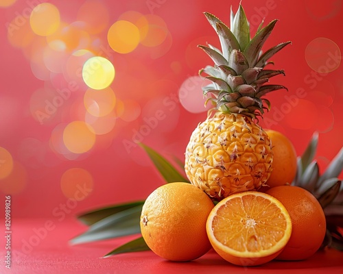 Fresh pineapple and oranges in closeup against a blurred red background, focus on dynamic multilayer for a tropical fruit presentation