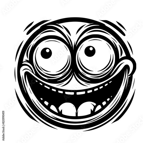 A crazy and funny smiley face in black and white, perfect for emotional expression illustrations, cartoons, humorous designs, and versatile creative projects